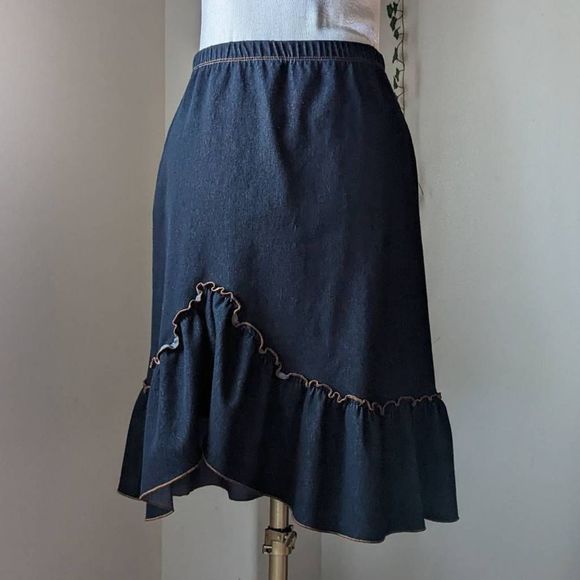 Vintage Dresses & Skirts - Vintage 90s Blue Denim Asymmetrical Ruffle Knee Length A-Line Skirt Y2K Chic S